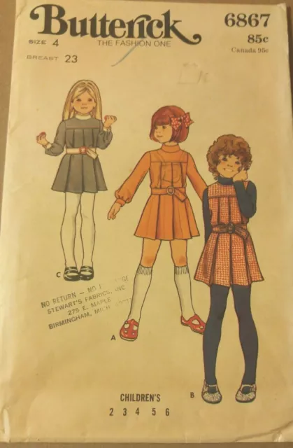 Vintage 1970s Butterick Sewing Pattern Girls DRESS & JUMPER 6867 Size 4 UNCUT