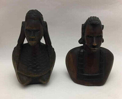 African Tribal Man & Women Busts decorative art - detailed carved ebony