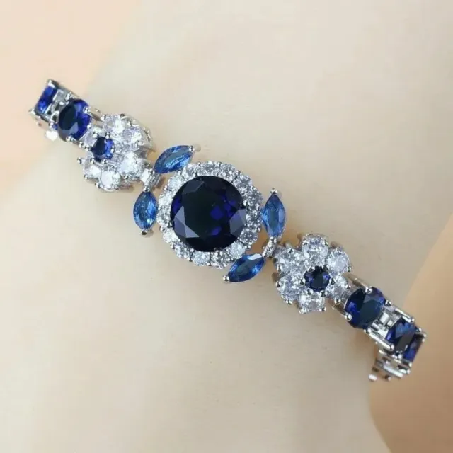 10 Ct Round Cut Simulated Blue Sapphire Tennis Bracelet 14K White Gold Plated