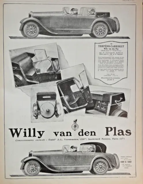 Publicité De Presse 1926 Automobile Willy Van Den Plas Le Torpédo Cabriolet