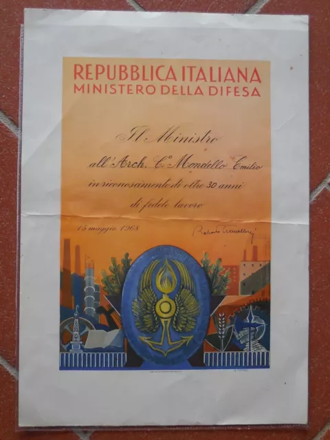 Attestato per medaglia 30 anni di fedele lavoro nel Ministero della Difesa 1968