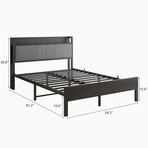SIZE BED FRAME with Storage Headboard,Heavy Duty Metal Full Black/Grey