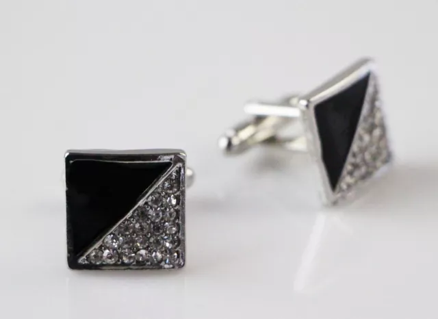 Mens Silver And Black Square Diamante Cufflinks