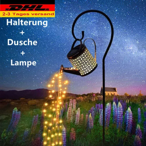 LED Solarleuchte Gießkanne Deko-Kanne Lichterkette Wasserfall Garten Außen Lampe