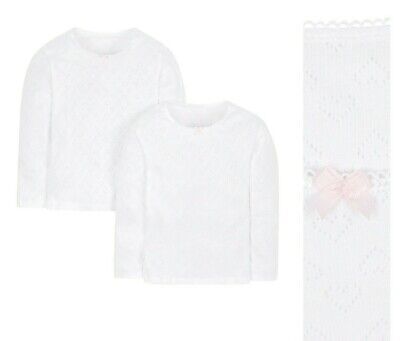 MOTHERCARE Girls Long Sleeve Vests 2 Pack White Thermal Layer Pointelle Hearts