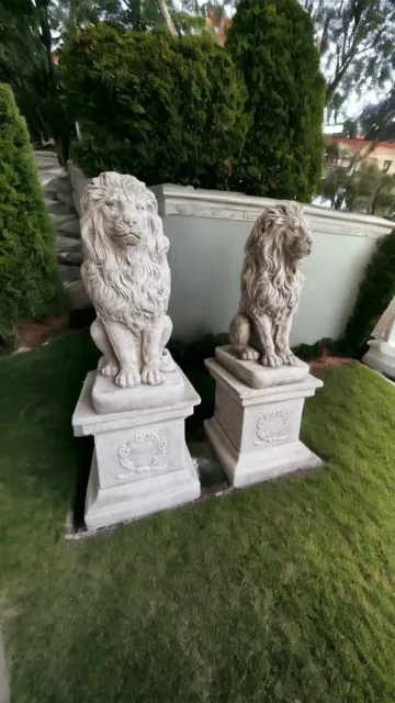 Large pair Stone Lion On Plinth Garden Ornament Statue Patio Decor Sculpture 2