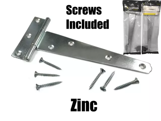 2x Tee Hinges 1 Pair 4 6 8 10 12 14 16 18" Shed Gate Door w/ Fixing Screws Zinc