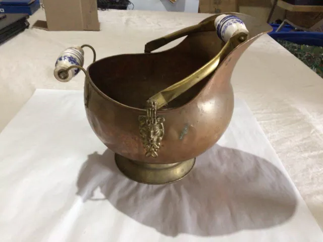 Vintage Antique Copper Coal Scuttle Double Blue Porcelain Handles W/ Patina