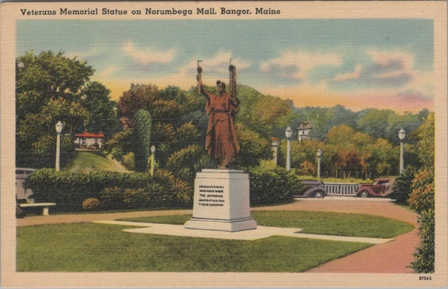 VETERANS MEMORIAL STATUE On Norumbega Mall Bangor Maine Linen Vintage