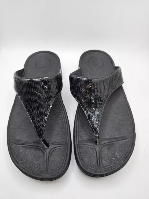 FitFlop Electra Sequin Thong Flip Flops Sandals (034-001) Black Wedge Size 6