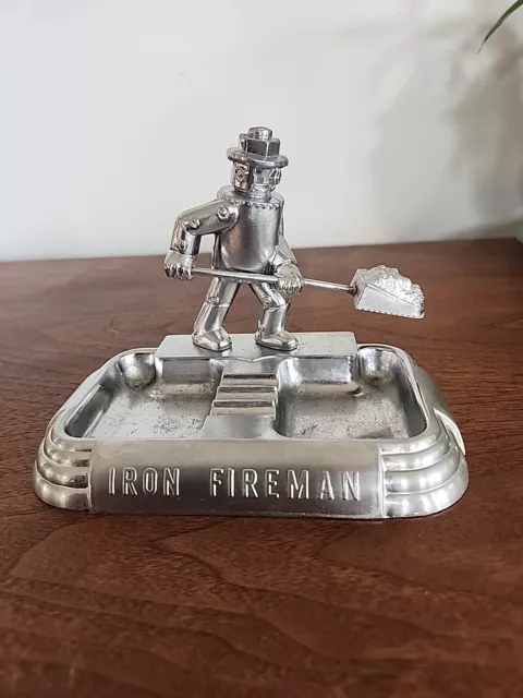 Vintage Antique Art Deco 1930's Iron Fireman Double Ashtray Robot Coal