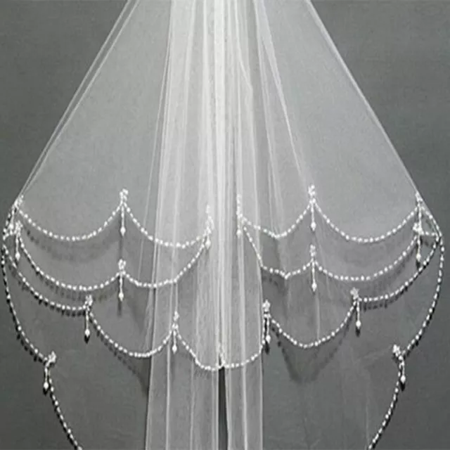 New 2 Layer White/Ivory Elbow Length Beads Edge Wedding Bridal Veil + Comb