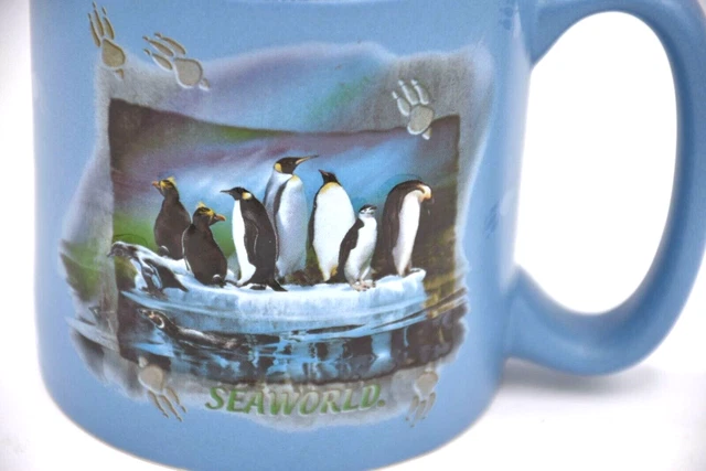 SeaWorld Penguin Mug 3D Embossed Large 16oz Blue 2 sided Nice!