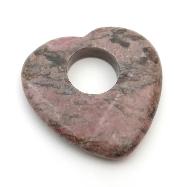 Large pink and black heart shaped donut pendant flat rhodonite stone 40mm