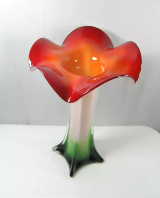 Pier 1 Multicolor Red Green White Hand Blown Trumpet Lily Glass Vase 14" Mint
