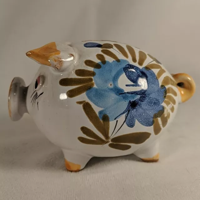 Made in Italy Hand Painted Piggy Bank Pig Blue Floral Pottery Vintage Flowers