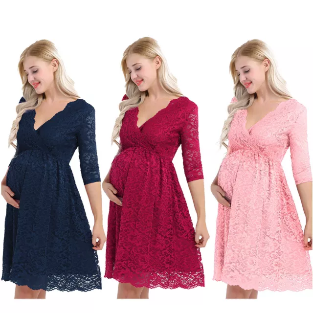Pregnant Women's Long Sleeve Floral Lace Maternity Gown Photography Maxi Dress