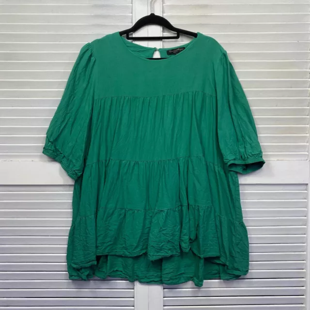 Caroline Morgan  Top Womens 14 Green Linen Viscose Short Sleeve Smock Tunic