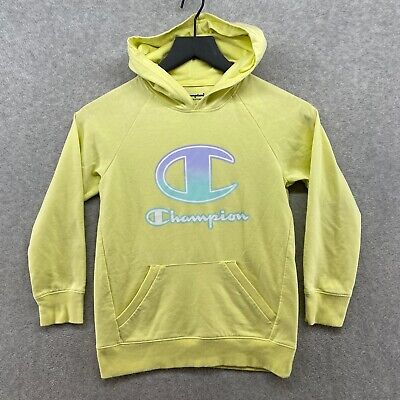 Champion Girl's Yellow Long Sleeve Hoodie Hooded Sweatshirt Logo Size M Graphic