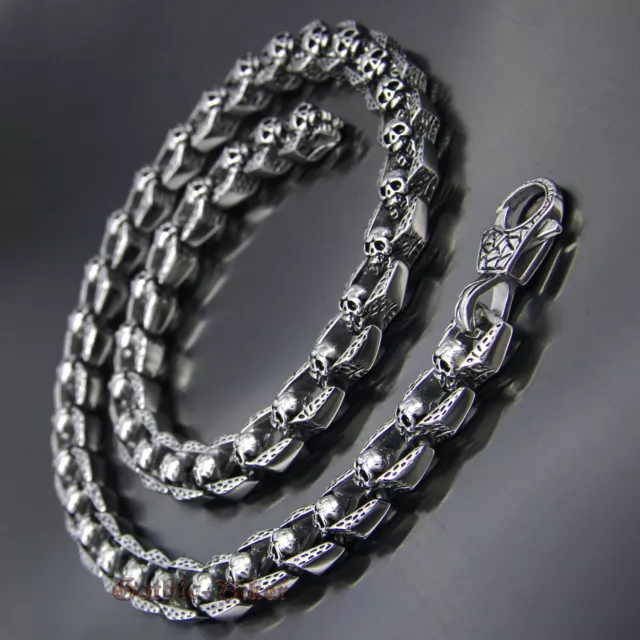 Mens HEAVY Skull Link Necklace Gothic Rocker Stainless Steel Chain Biker Jewelry