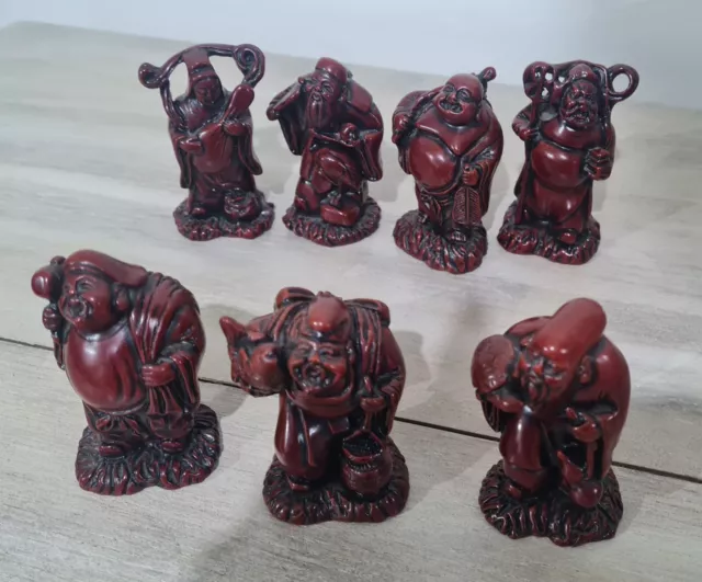 Chinese Red Figurine Bundle x 7 Buddha Wise Men Resin 7.5cm