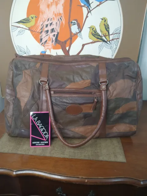 Vintage LA BAGODA 80's Leather Patchwork Duffel Bag Shoulder Travel Boho NWT NOS