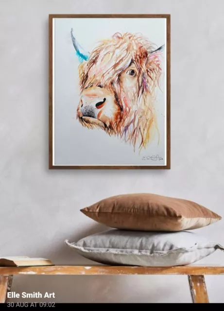 Original signed watercolour painting of A Highland Cow new large Elle Smith Art