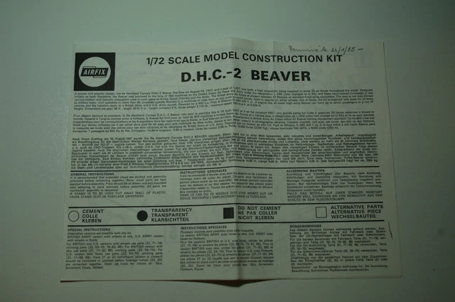 1/72ème PLAN DE MONTAGE POUR D.H.C.-2 BEAVER  -  pour kit AIRFIX