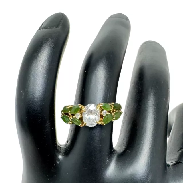 Vintage Uncas Gold Tone Jade Color Clear Rhinestone Ring Sz 6