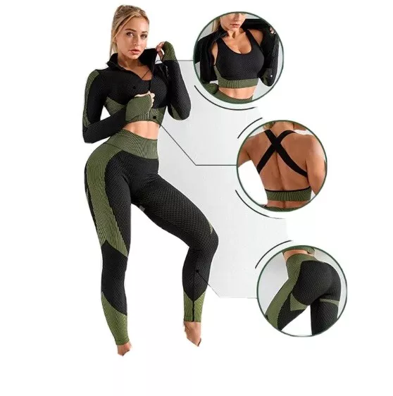 Completo sportivo set yoga 3 pezzi leggings top felpa con zip - CONTRASSEGNO