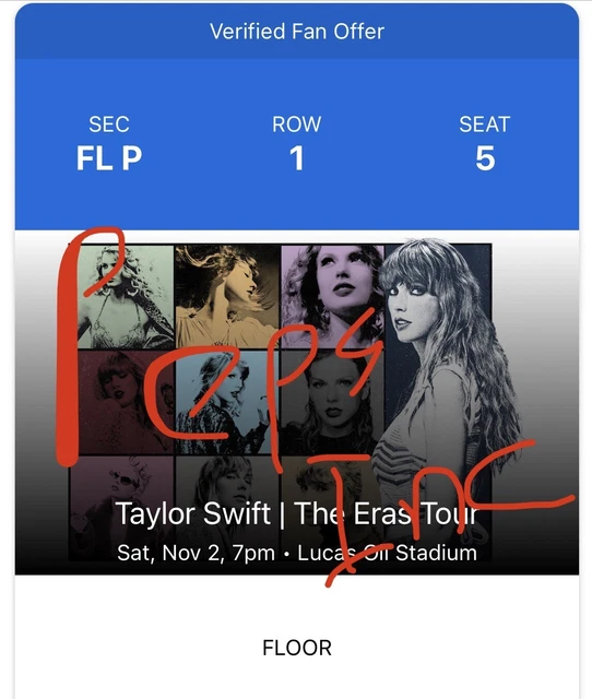 TAYLOR SWIFT ERAS Tour 11/2/2024 Indianapolis 2 Ticket Section P FLOOR