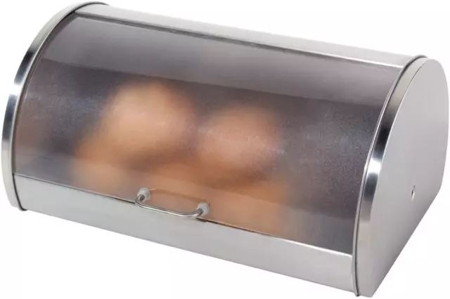 Stainless Steel Roll Top Bread Box Kitchen Countertop with Frosted Plexilass Lid