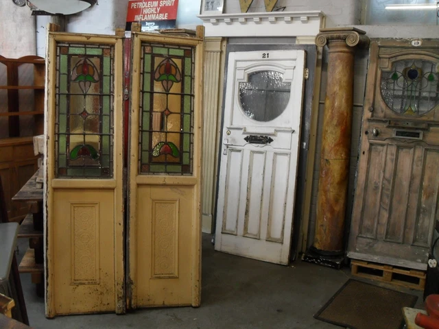 pair Victorian leaded glass doorway sides room divider screen double door panels