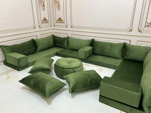 4+4" Thick U Shape Luxury Green Soft Velvet Floor Cushion Sofa Set