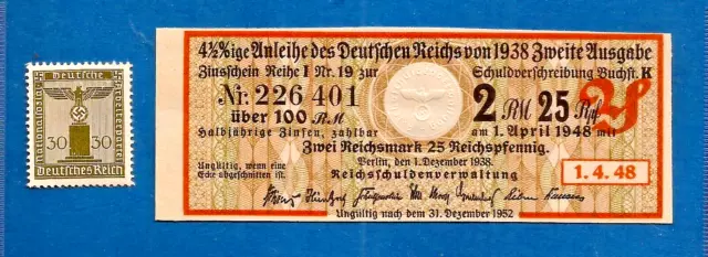 1938 NAZI GERMANY THIRD 3RD Reich EMBOSSED EAGLE STAMP BOND COUPON to 1952