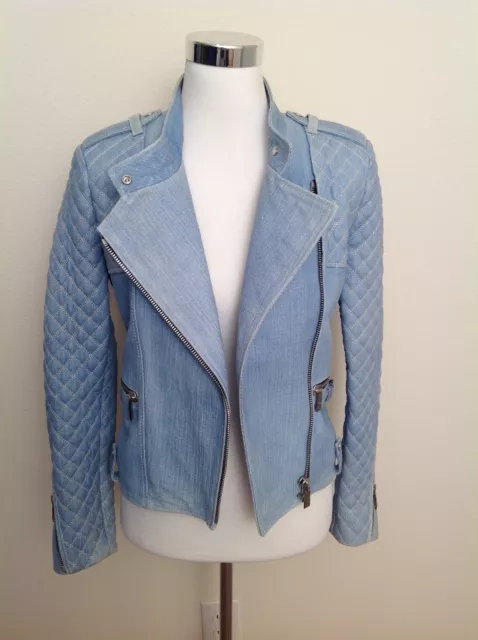 Barbara Bui Leather Jacket 40 Quilted Denim Illusion Blue Moto Biker Women's 2