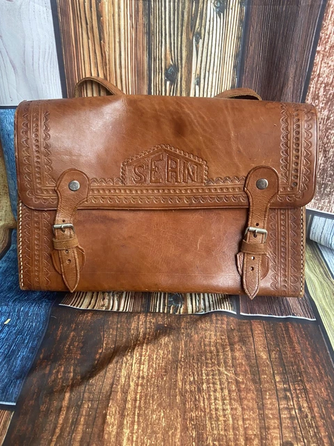 Vintage Tooled Leather Backpack Book School Bag Personalized Sean