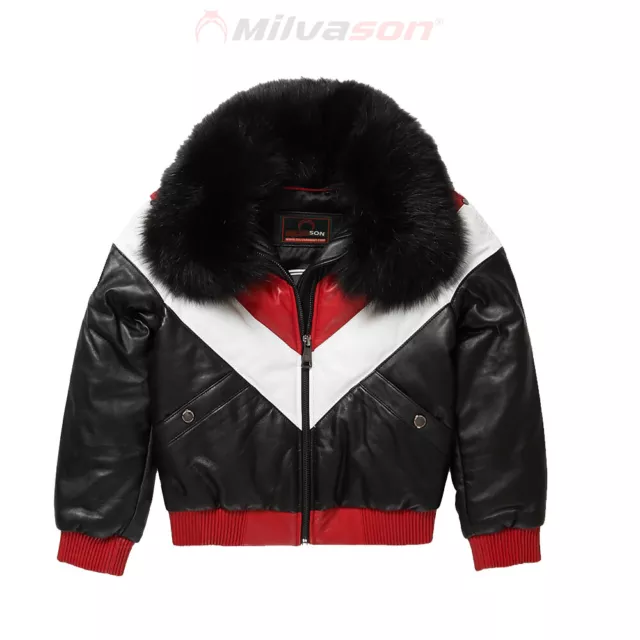 Men's Leather Jacket with Fox Fur Collar - Bubble Leather V-Bomber Jacket