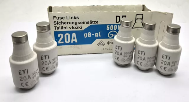 5 x ETI 20amp 500v DII Diazed Fuse E27 gG-gL Ceramic Bottle Fuse Blue Cap