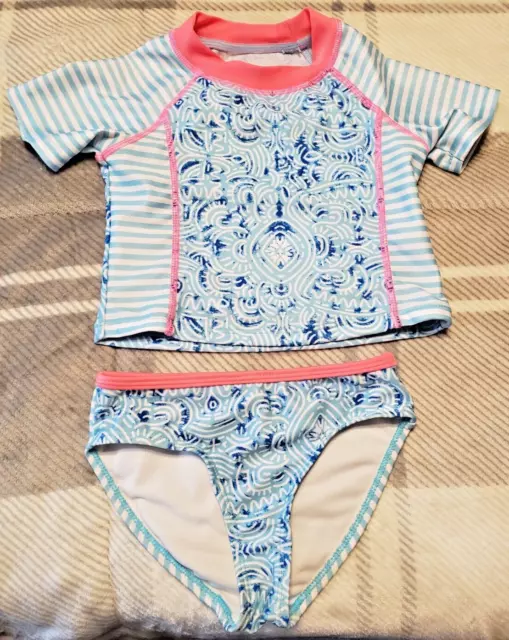 Jantzen Girls SZ 5 Blue/White Accents PInk Striped 2 Pc Tankini Swimsuit UPF 50+