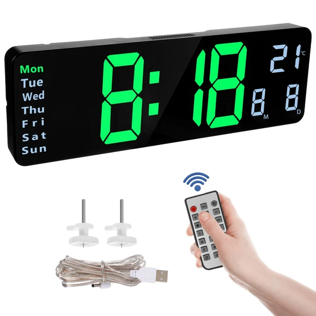 Horloge Murale Numérique LED Grand Écran - Date, Semaine, Température, Commande Vocale