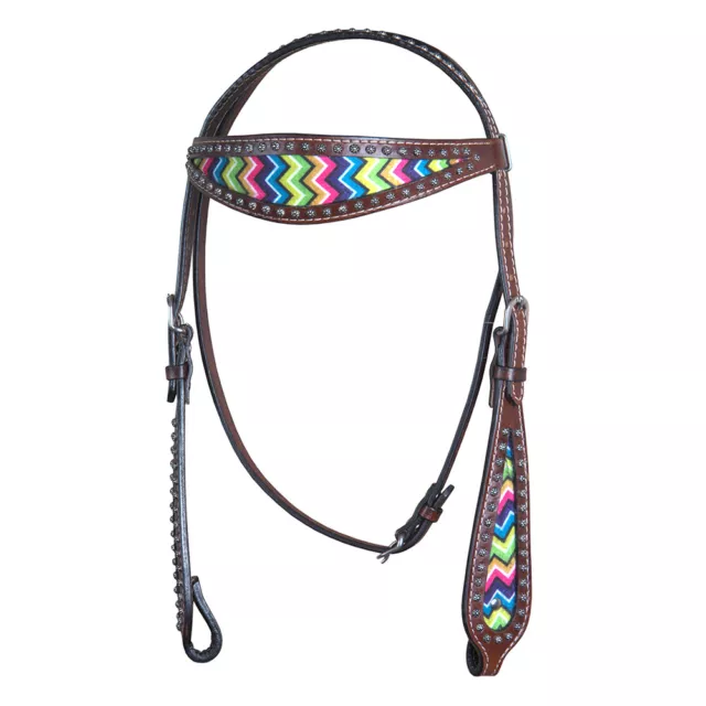 12BH Hilason Western Horse Headstall Bridle American Leather Brown Aztec Inlay