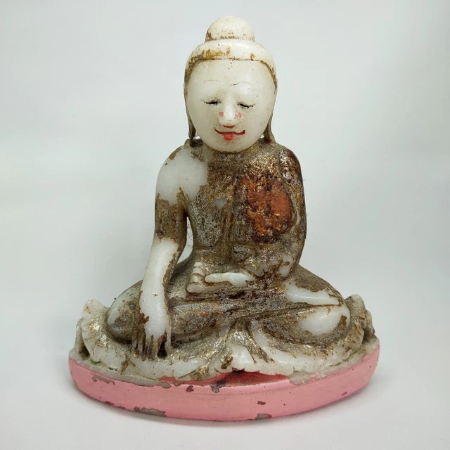 Antique Buddha Statue Gold Gilded Alabaster Stone Sculpture Collectible Burma