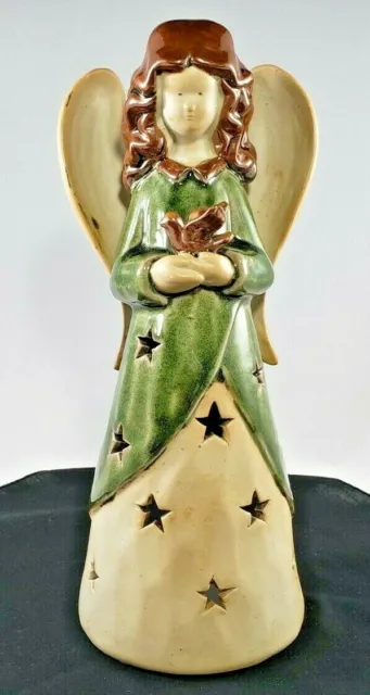 Vela luminaria votiva ángel de cerámica 11" pájaro acristalado estrella de Navidad multicolor