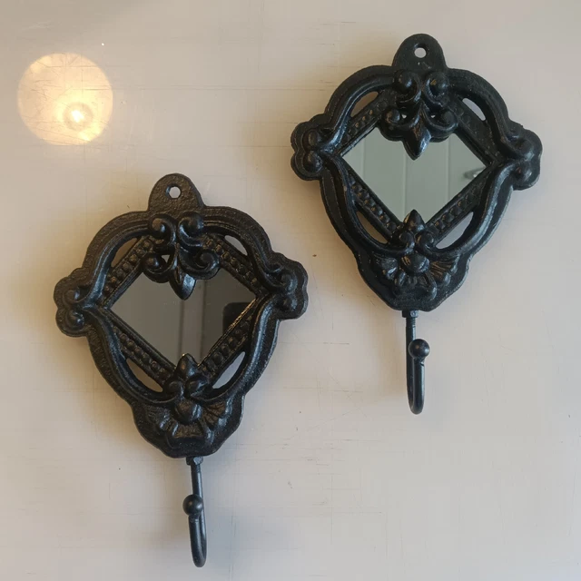 Cast Iron Coat Hooks Fleur de Lis Mirror Robe Towel Hook Bathroom Set Of 2~7.5x5