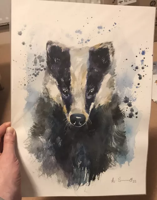 Original Watercolour Painting 'Badger’ A3 Size Not A Print Anna Swift