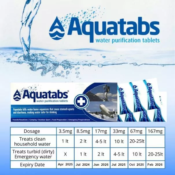 Aquatabs Water Purification Tablets Travel Camp Emergency Safe Potable Drinking