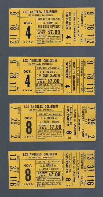 Vintage 1970 Nfl Los Angeles Rams Full Football Ticket Lot (4) Chargers Falcons