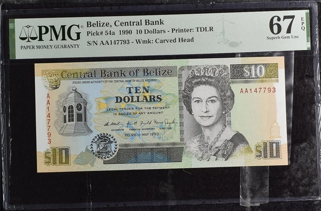 Belize 10 Dollars 1990 P 54 a Superb Gem UNC PMG 67 EPQ