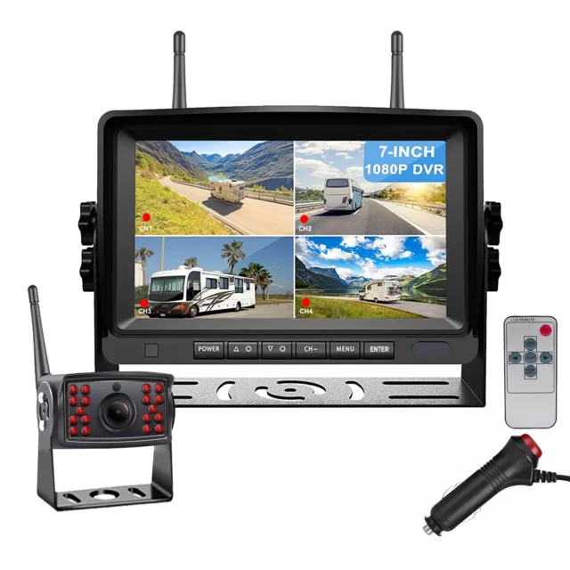 Wireless 7"DVR Quad Monitor with Windscreen Suction IR Backup Camera For Caravan 3